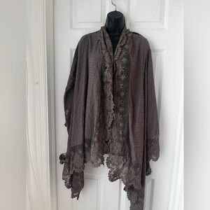 Paparazzi Lace Trimmed taupe gray Cape cardigan cover size M